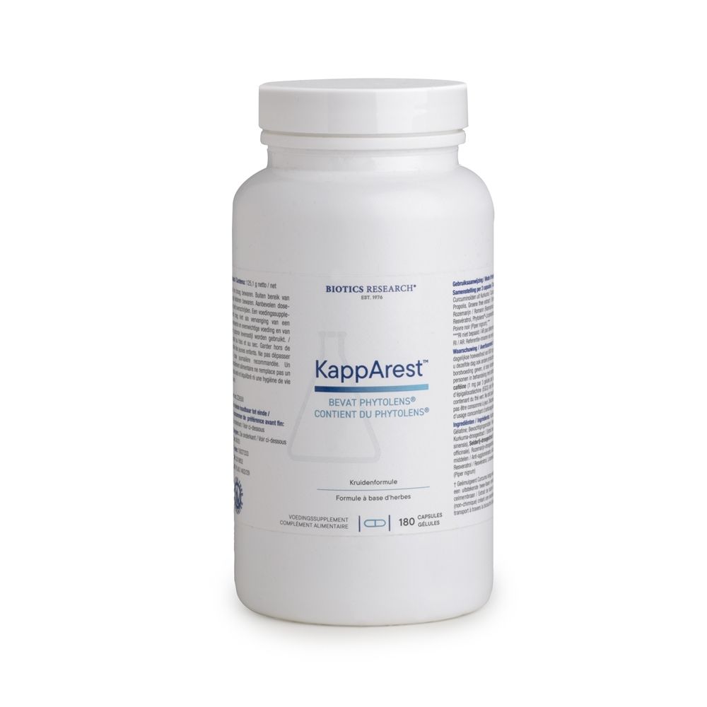 Witte fles met capsules. Opschrift: KappArest, Biotics Research. 180 capsules.