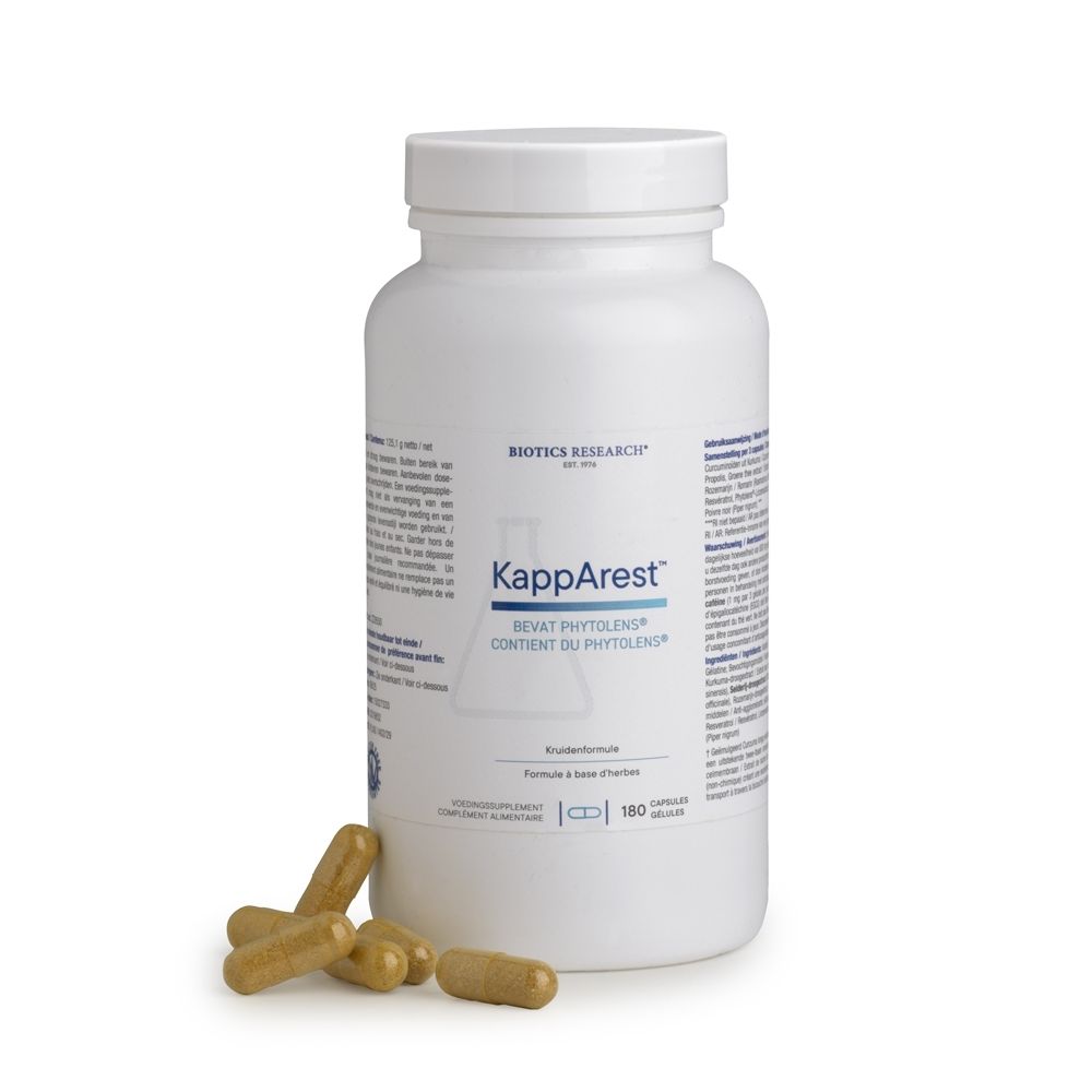 Witte fles met capsules en losse capsules ernaast. Opschrift: KappArest, Biotics Research.