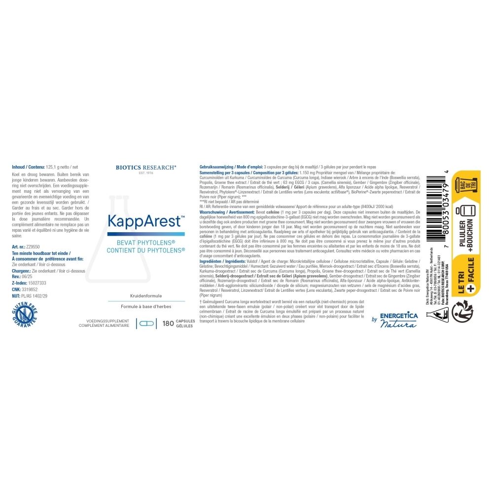 Witte fles met capsules. Opschrift: KappArest, Biotics Research. 180 capsules.