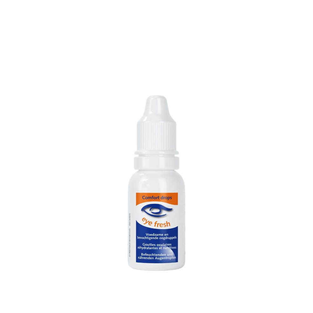 Flacon blanc de gouttes oculaires, étiquette orange. Inscription: eye fresh, Comfort drops. 15 ml.