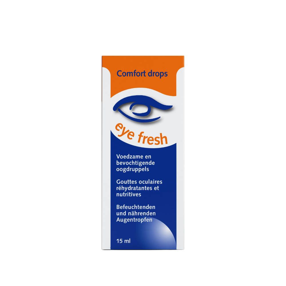 Doos met oogdruppels. Opschrift: eye fresh, Comfort drops. 15 ml. Verpakking.