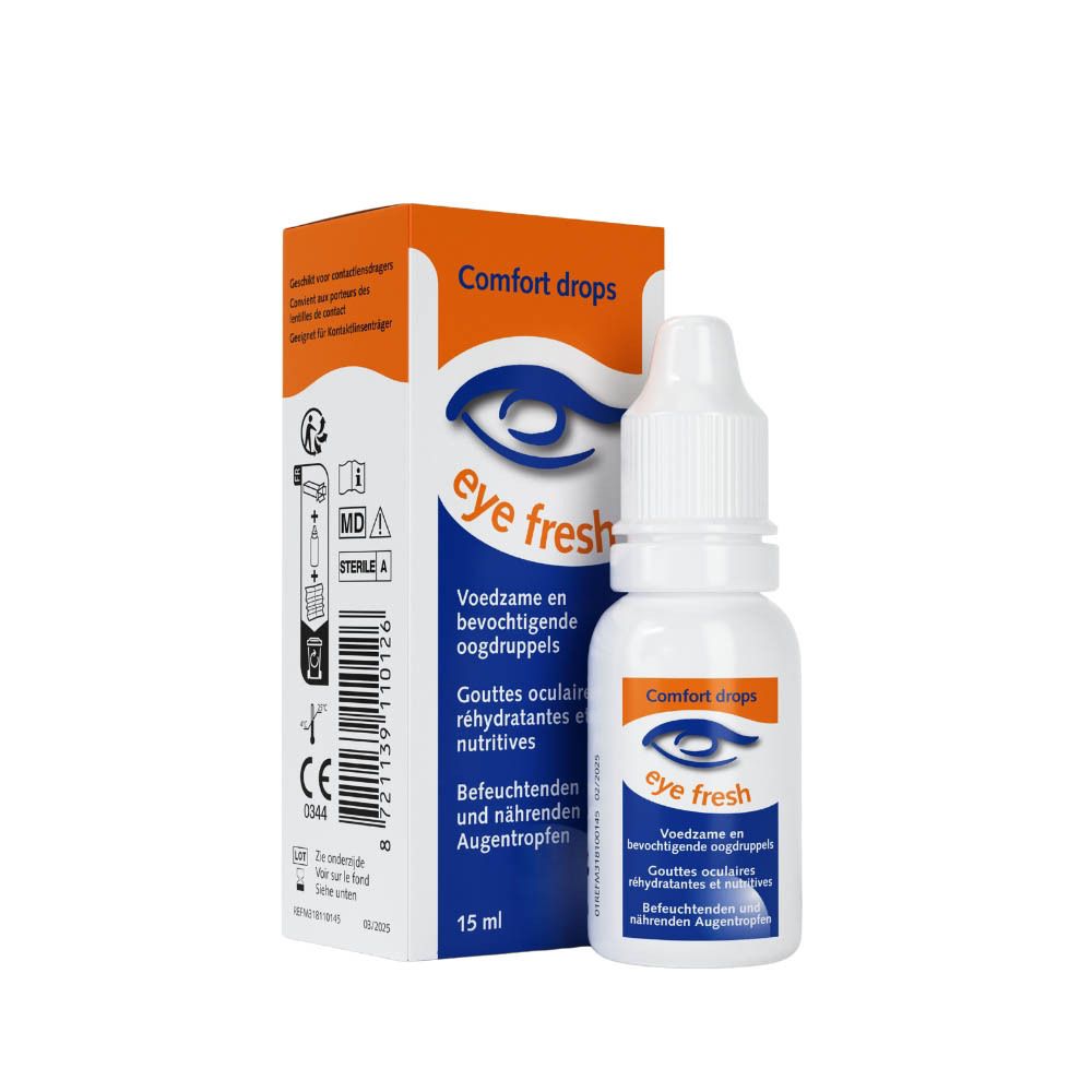 Oogdruppelfles en doos. Opschrift: eye fresh, Comfort drops. 15 ml. Verpakking.