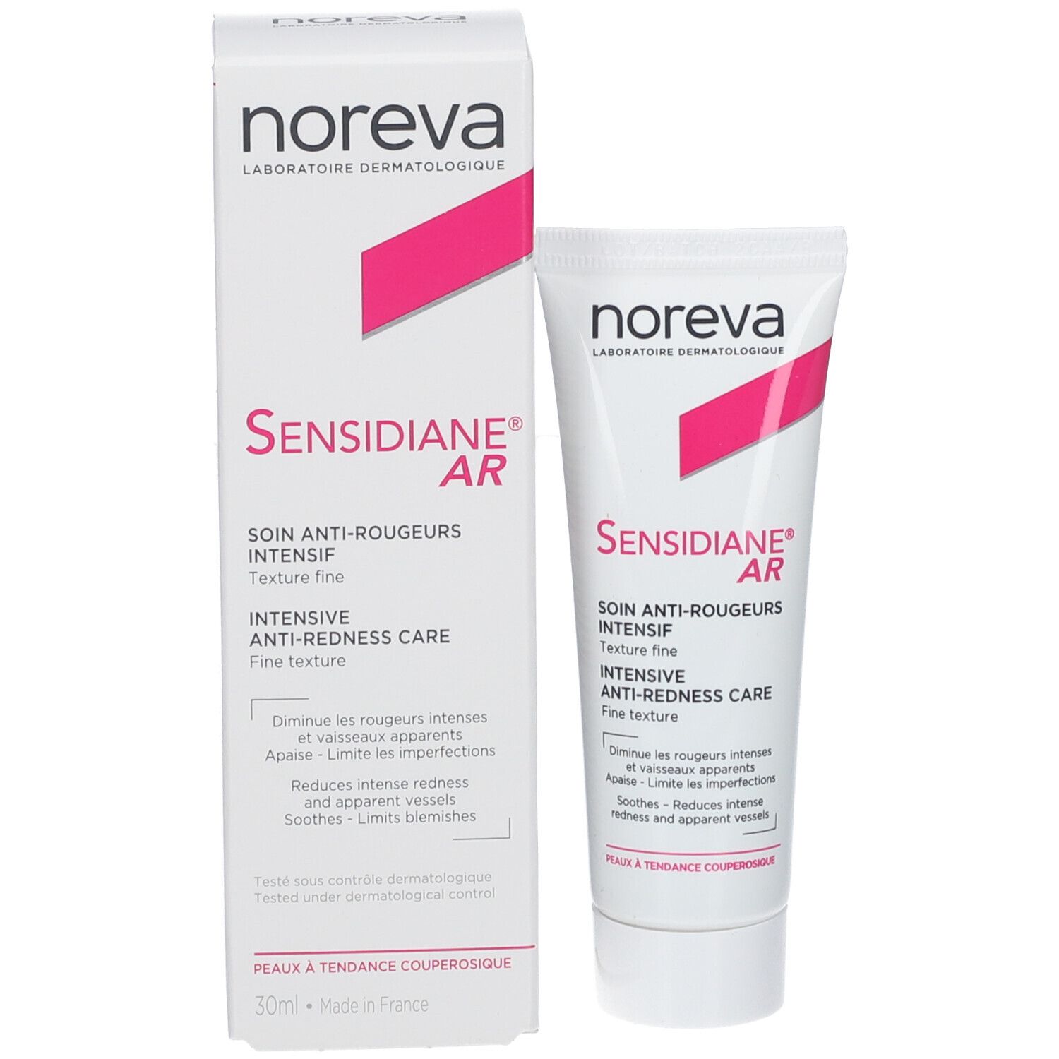 Produit et emballage. Tube et boîte blancs. Accent rose. Nom du produit: Sensidiane AR Intensif. 30ml.