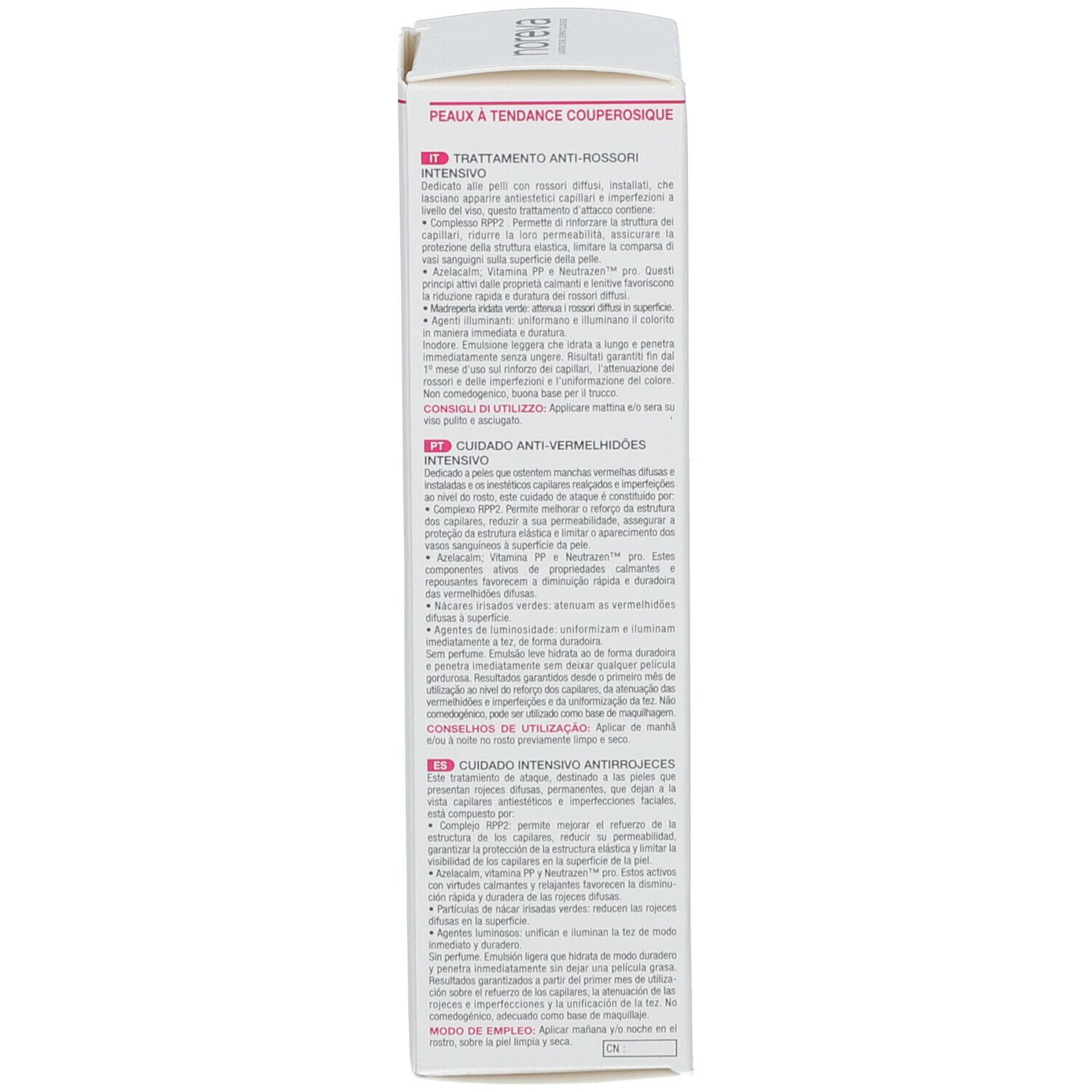 Dos de la boîte. Texte multilingue. Nom du produit: Sensidiane AR Intensif. Ingrédients.