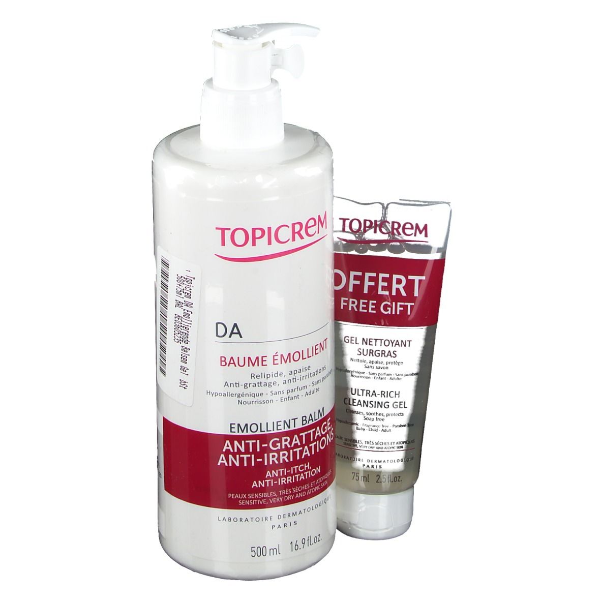 Flacon blanc et tube. Le flacon porte TOPICREM DA, Baume Émollient. Le tube indique OFFERT.