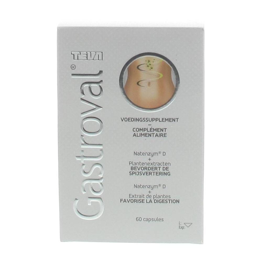 Doosje Gastroval Teva. Opschrift: Voedingssupplement, 60 capsules. Illustratie van een buik.
