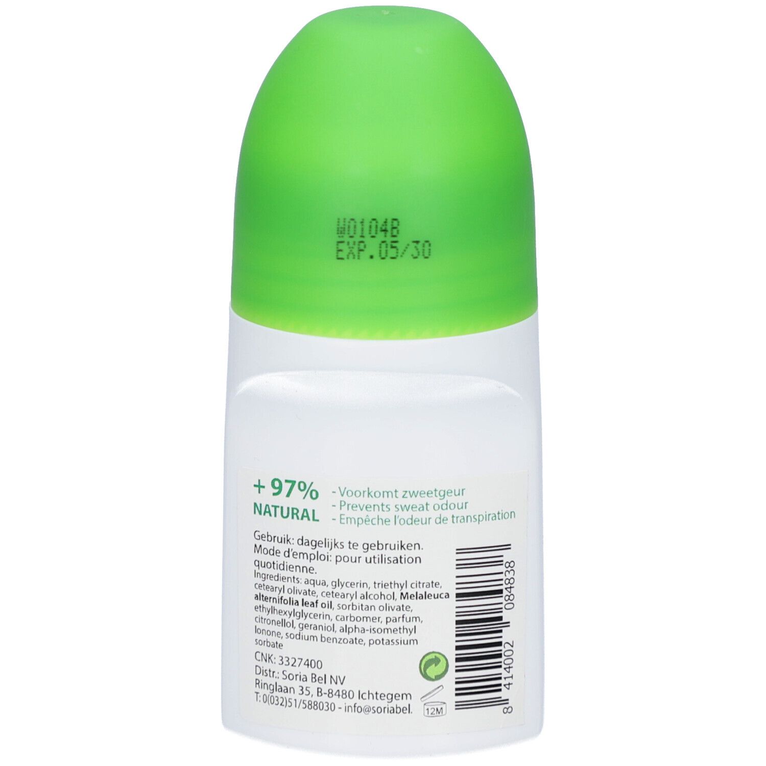 Achterkant van de roll-on deodorant. Groene dop met opdruk. Tekst: +97% Natuurlijk, voorkomt zweetgeur. Ingrediënten.