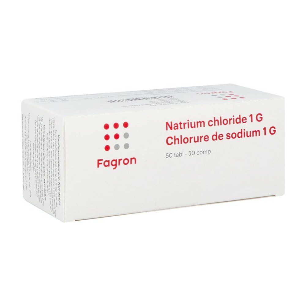 Boîte blanche avec texte rouge. Fagron, Chlorure de sodium 1g, 50 comp. Texte en néerlandais et français.