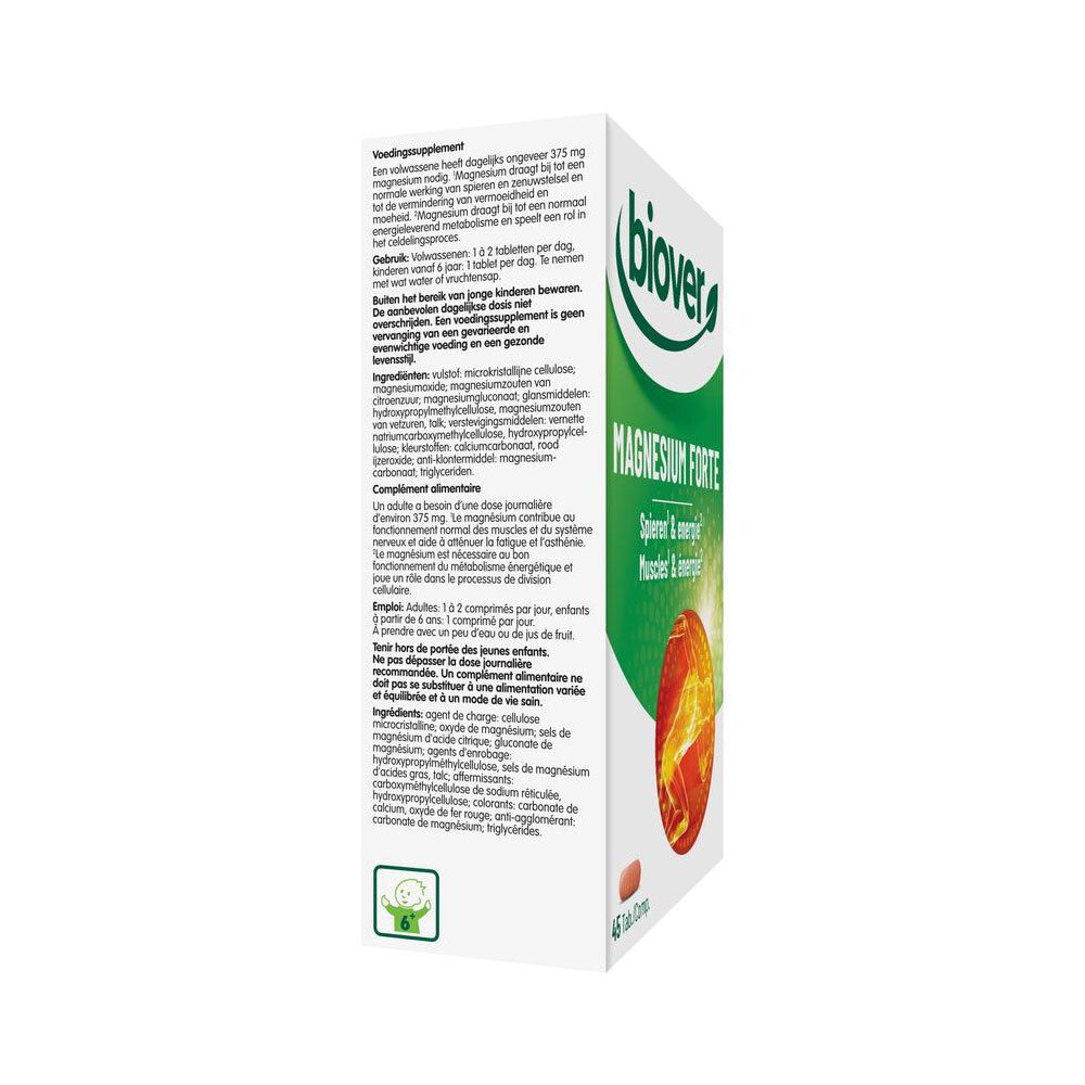 Achterkant van de Biover Magnesium Forte verpakking met voedingswaarde en ingrediënten in het Frans.