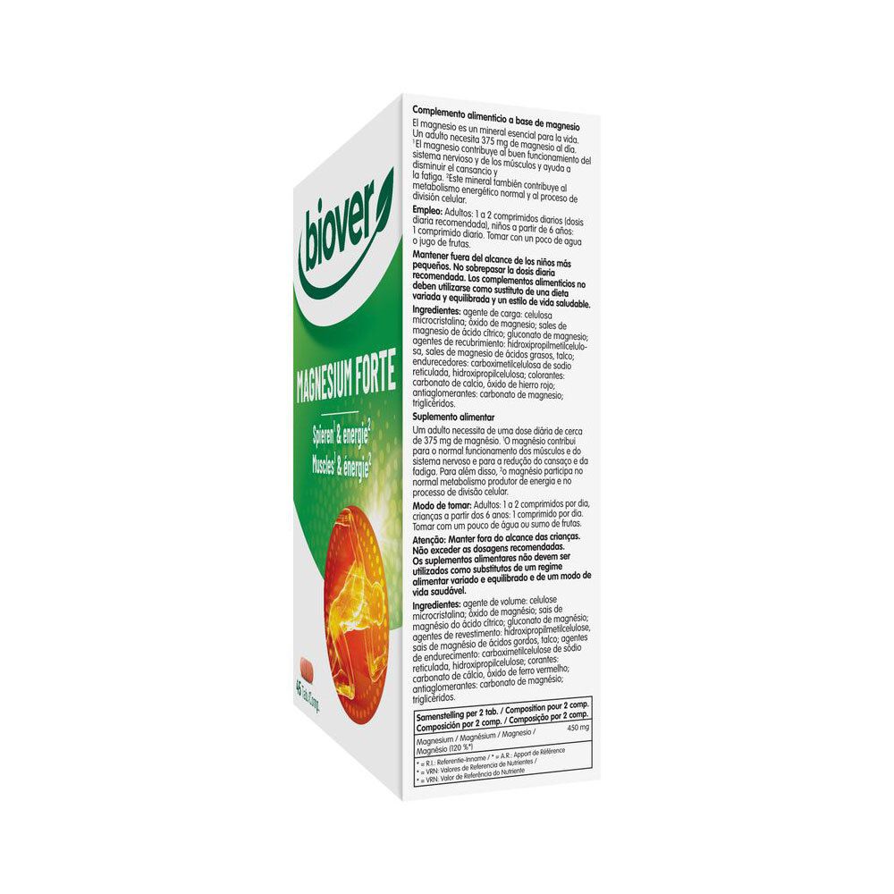 Zijkant van de Biover Magnesium Forte verpakking met informatie in het Frans en Spaans.