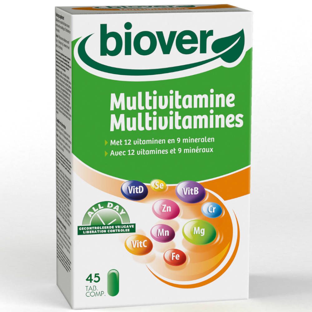 Verpakking van Biover Multivitamina All Day. Bevat 45 tabletten. Opschrift: Multivitamines, 12 vitaminen en 9 mineralen.