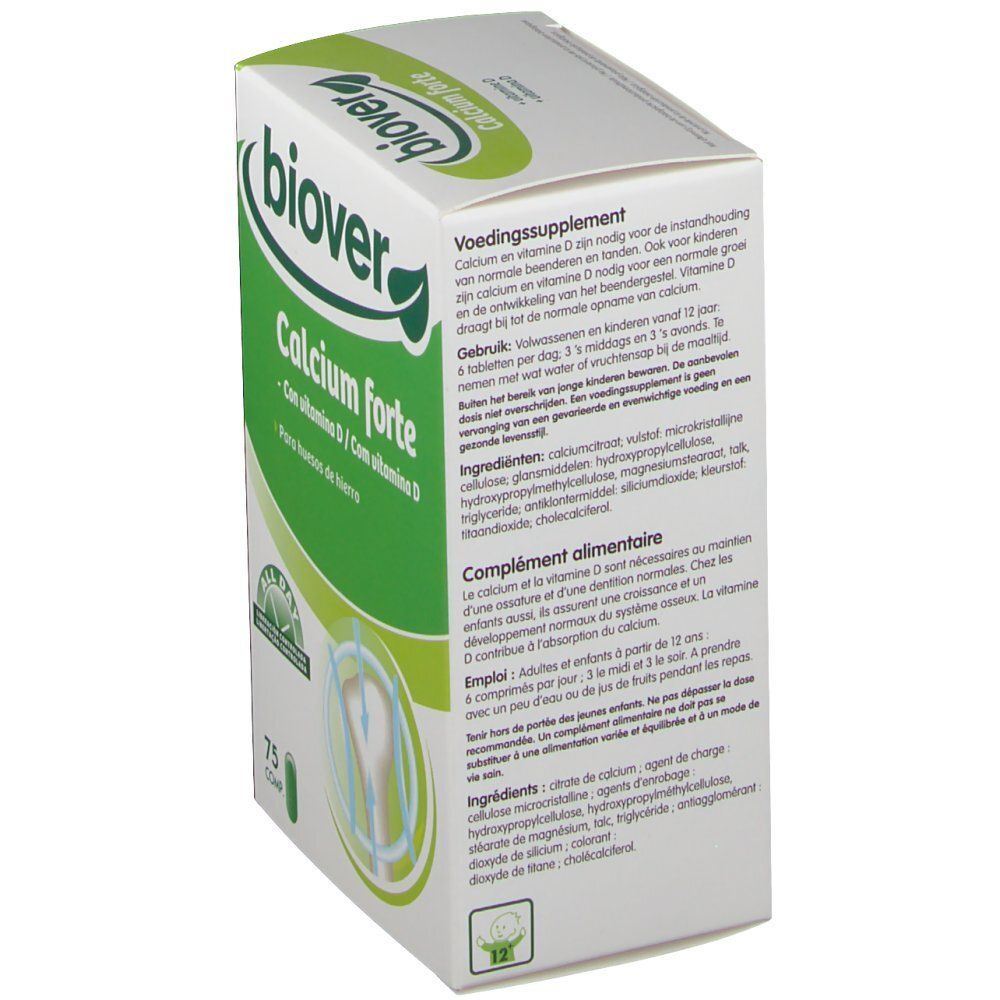 Dos de la boîte Biover Calcium Forte. Contient des informations sur les ingrédients et l'utilisation.