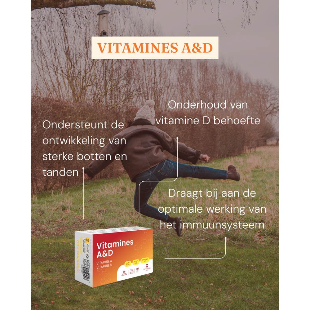 Afbeelding met tekst over de voordelen van Vitamine A&D. Doos op de achtergrond.