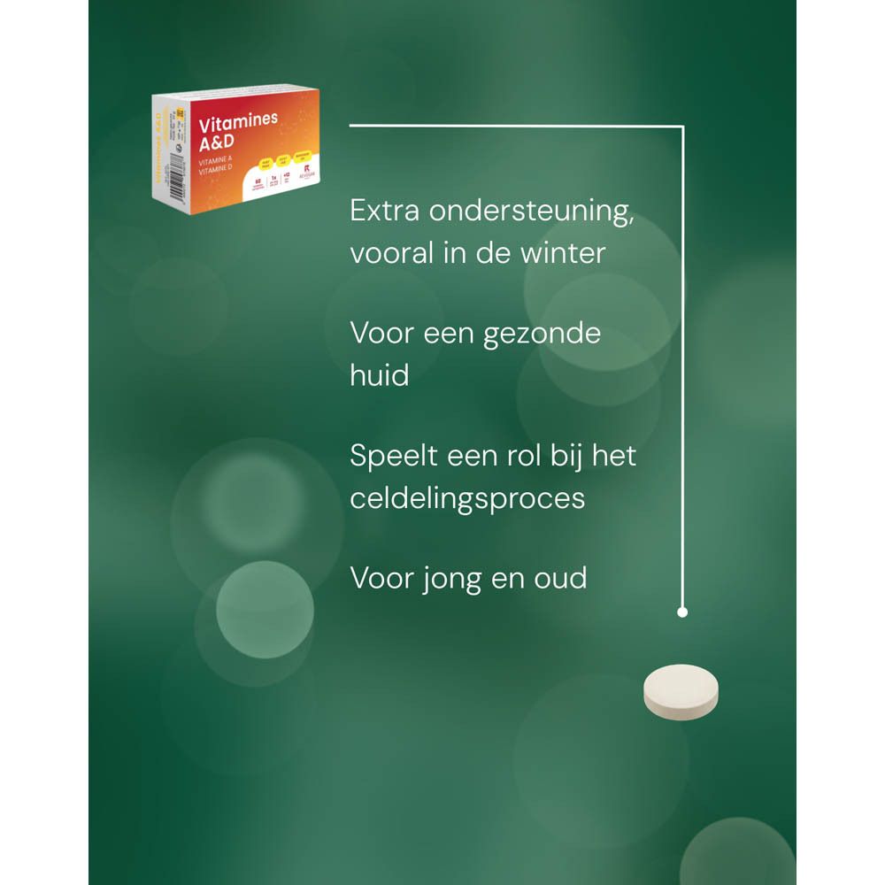Afbeelding met tekst over de voordelen van Vitamine A&D. Tablet afgebeeld.