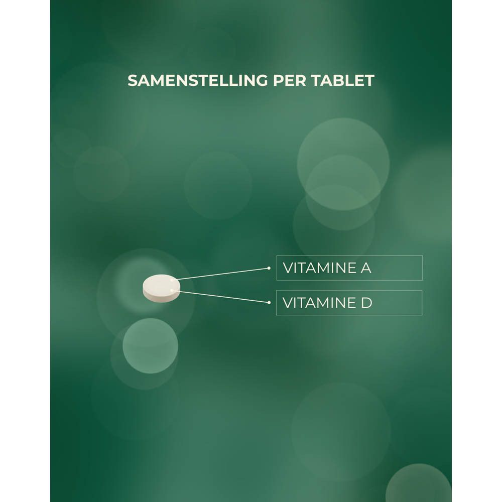 Afbeelding met tekst over de voordelen van Vitamine A&D. Tablet afgebeeld.