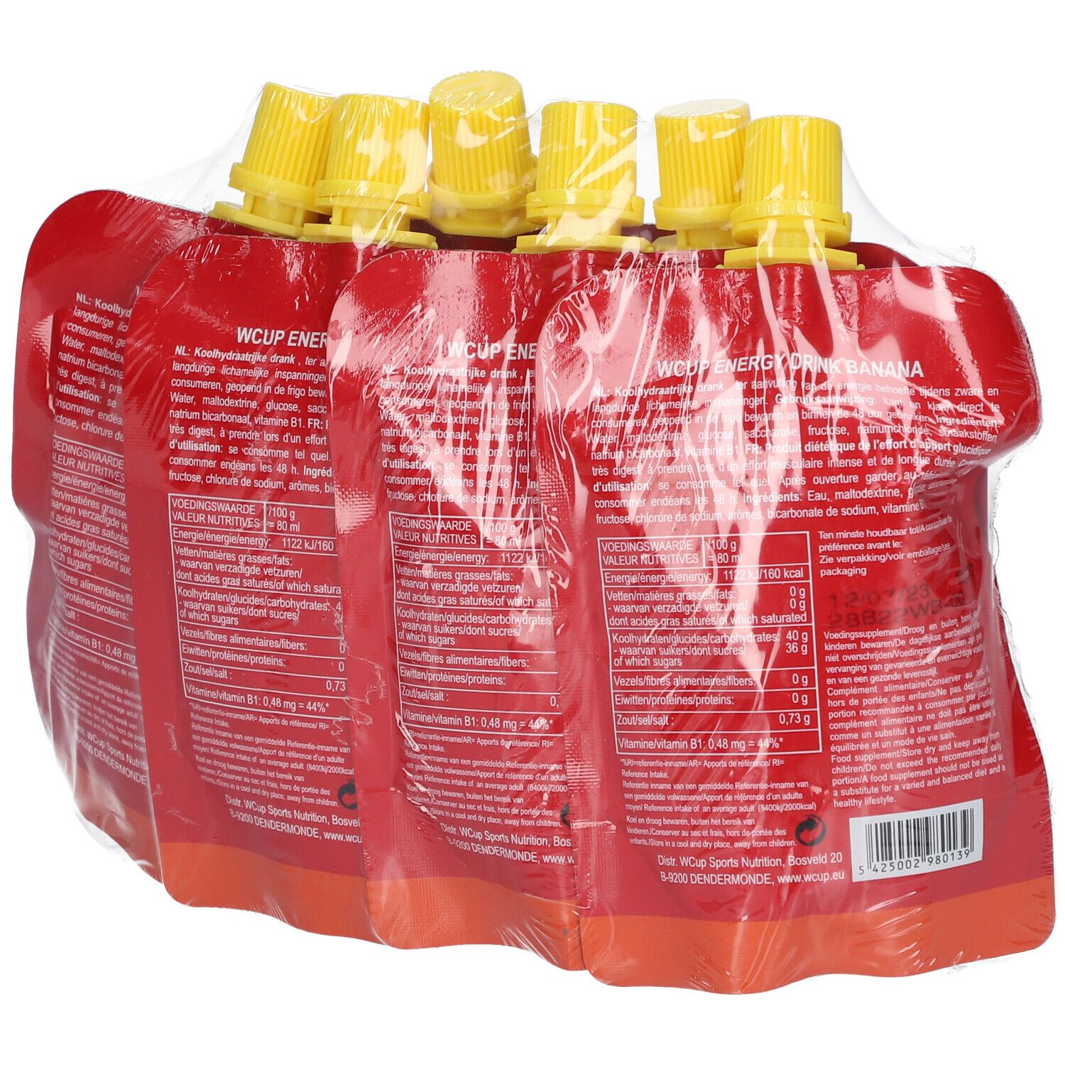 Achterkant van een verpakking met 6 rode zakjes. Bedrukking met voedingswaarde en ingrediënten.
