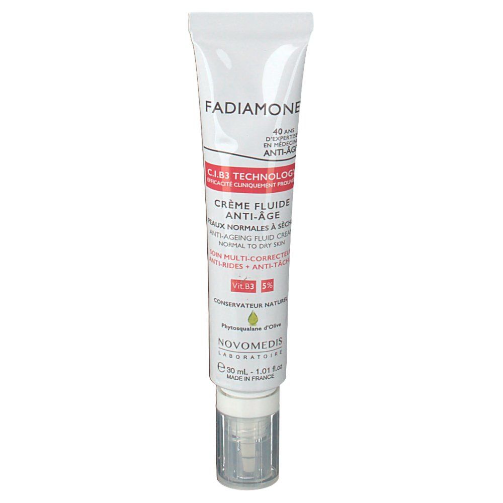 Tube blanc Fadiamone®. Crème fluide anti-âge. Pompe doseuse. Inscriptions en français.