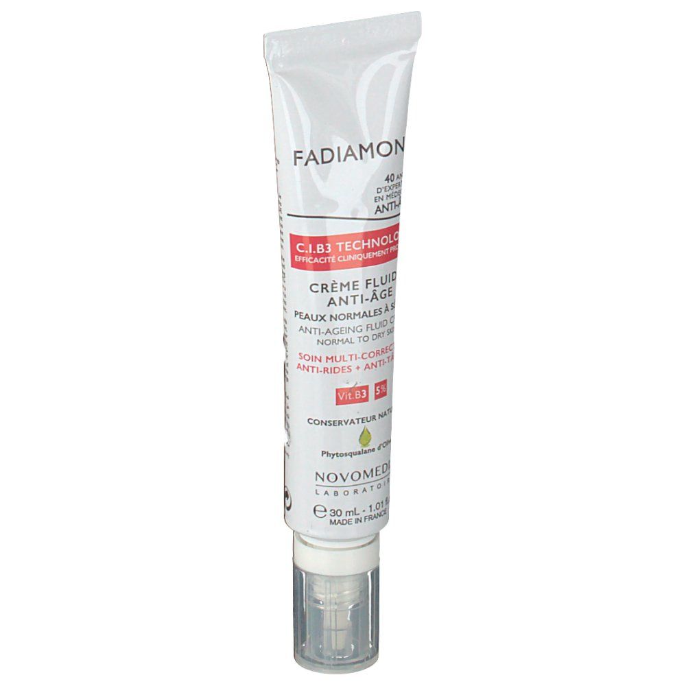 Tube blanc Fadiamone®. Crème fluide. Pompe doseuse. Inscriptions en français.