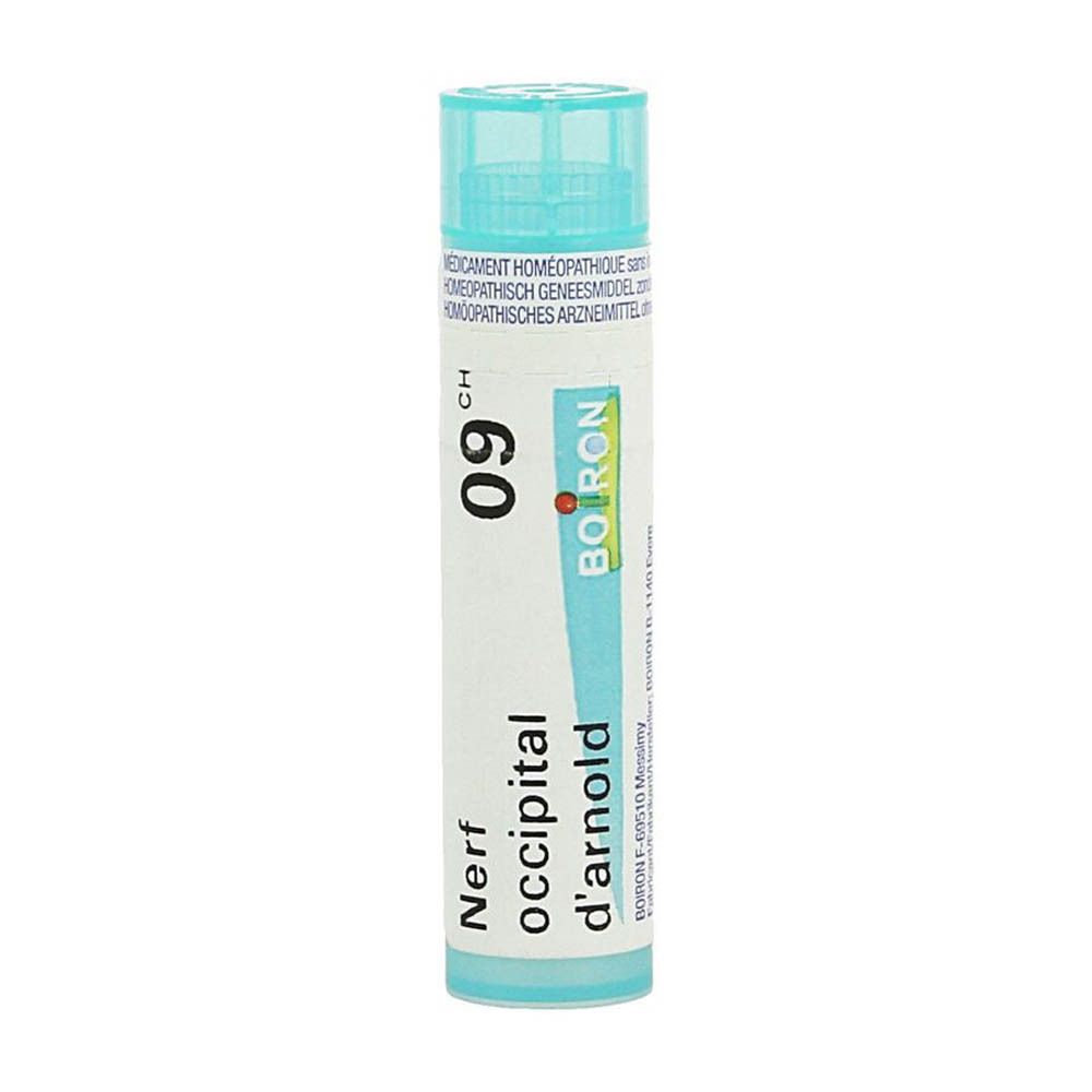 Turquoise tube met wit etiket. Opschrift: Nerf occipital d'arnold 09 CH. BOIRON.