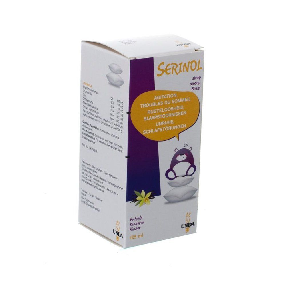 Witte doos met SERINOL-logo en productinformatie. Gele tekstballon met beer en kussen.