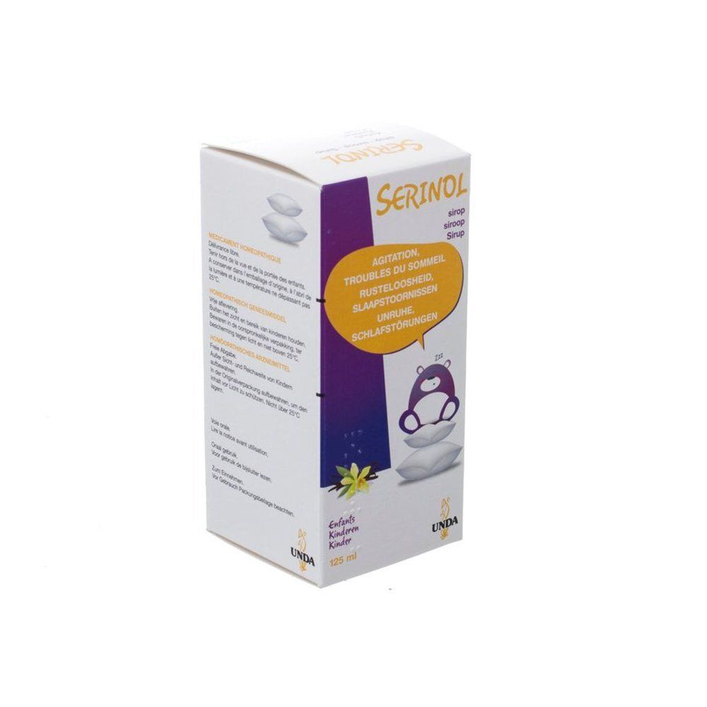 Witte doos met SERINOL-logo en productinformatie. Gele tekstballon met beer en kussen.