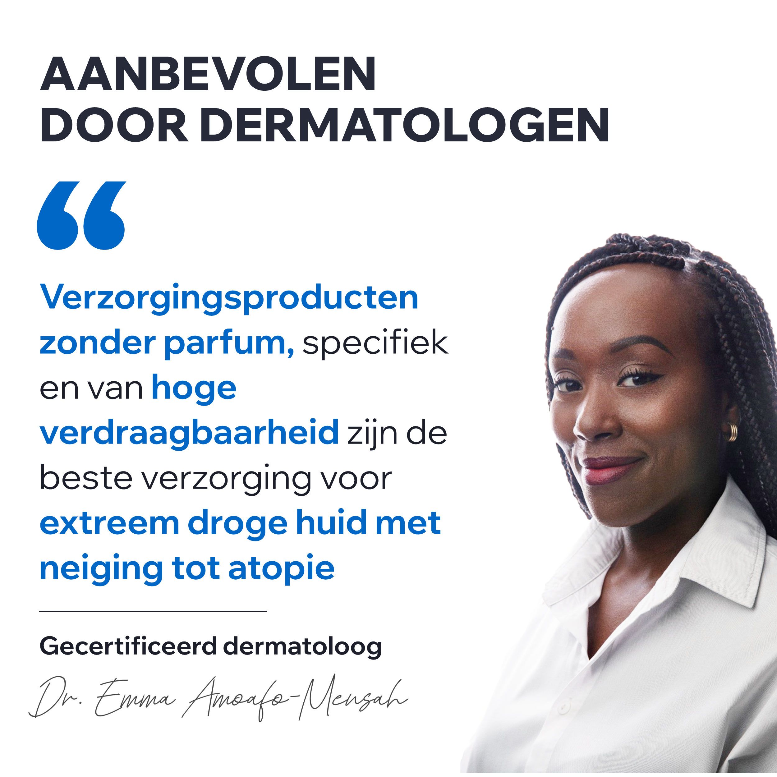Grafiek. Nederlandse tekst. Opschrift: Toegewijd aan een gezonde huid. Zonder parfum.