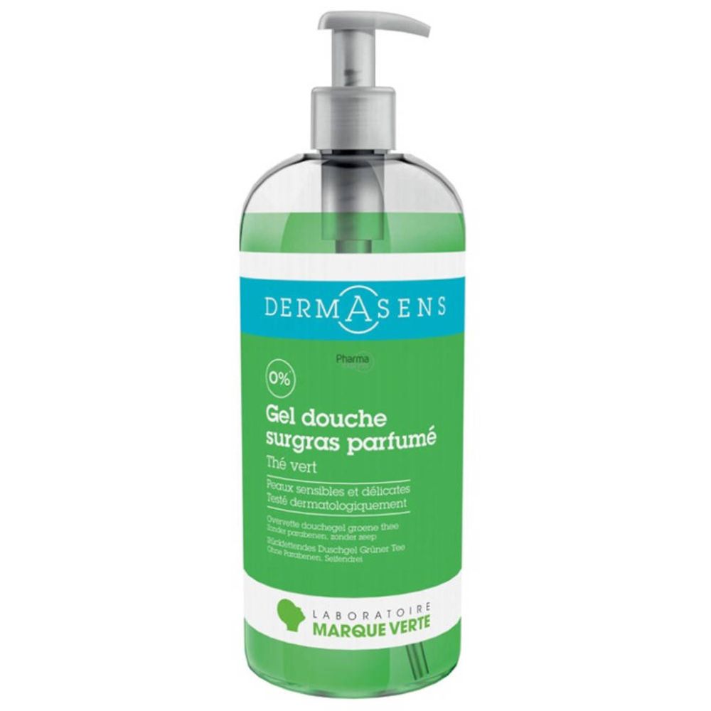 Gel douche vert avec pompe. Inscription: DERMASENS, Gel douche surgras, Thé vert. 0%.