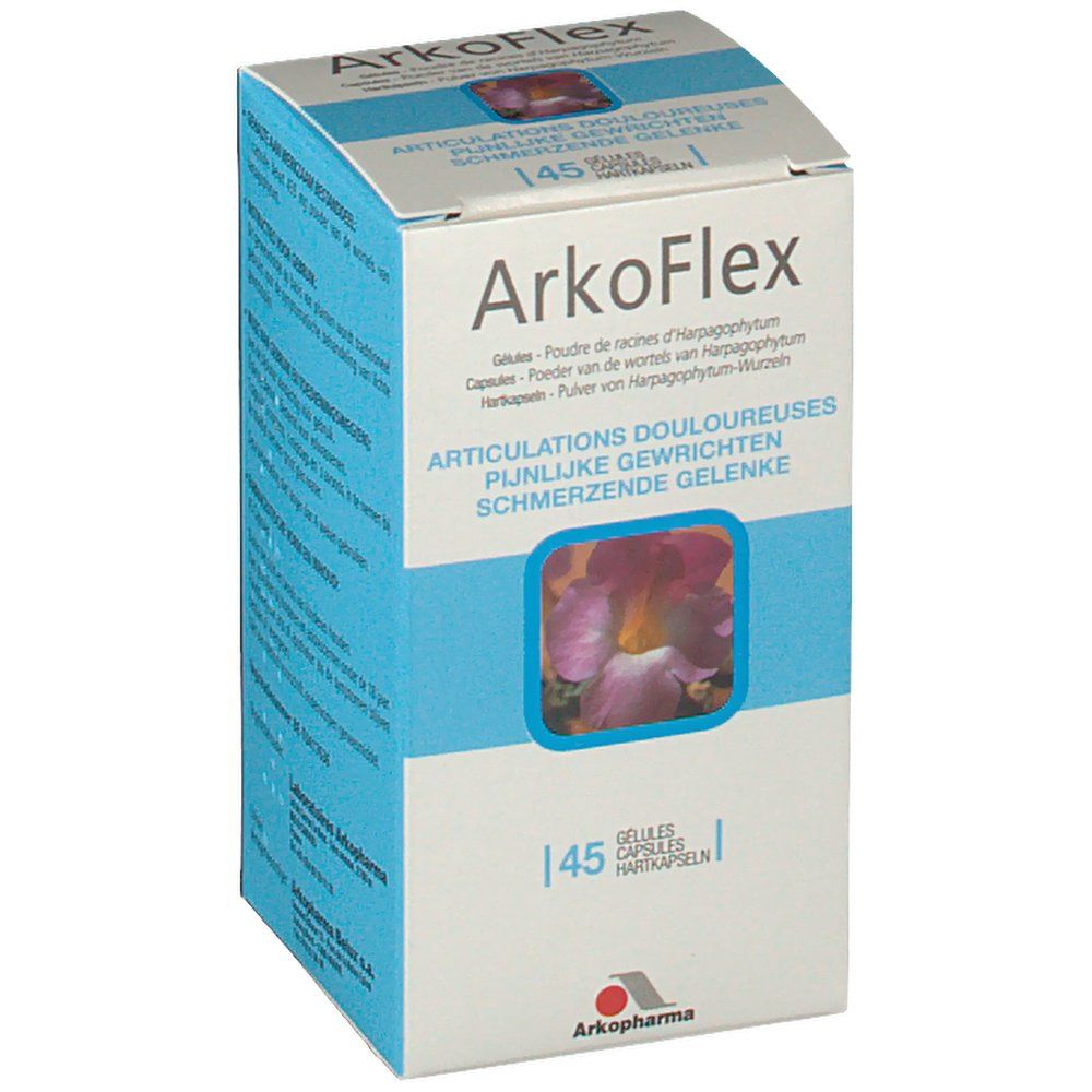 Boîte ArkoFlex. Emballage bleu et blanc avec nom du produit et image florale. Contient 45 gélules.