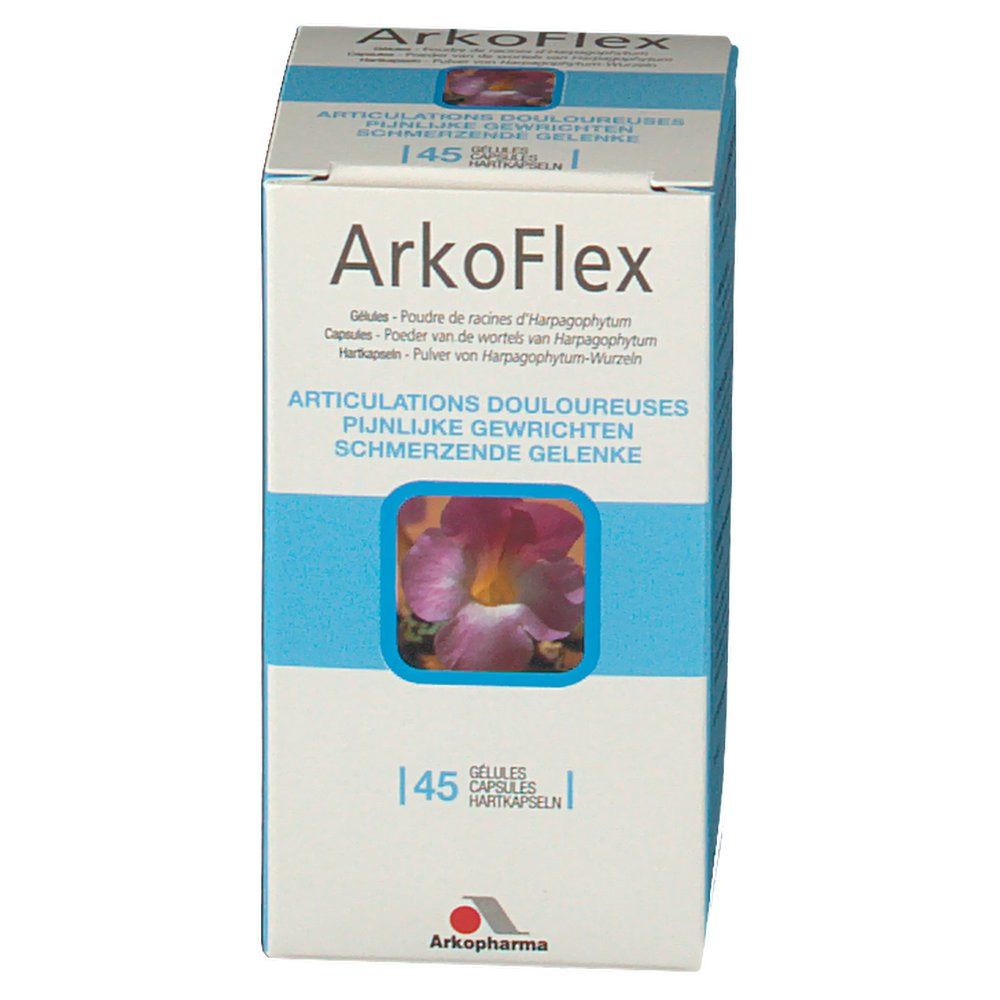 Boîte ArkoFlex. Emballage bleu et blanc avec nom du produit et image florale. Contient 45 gélules.