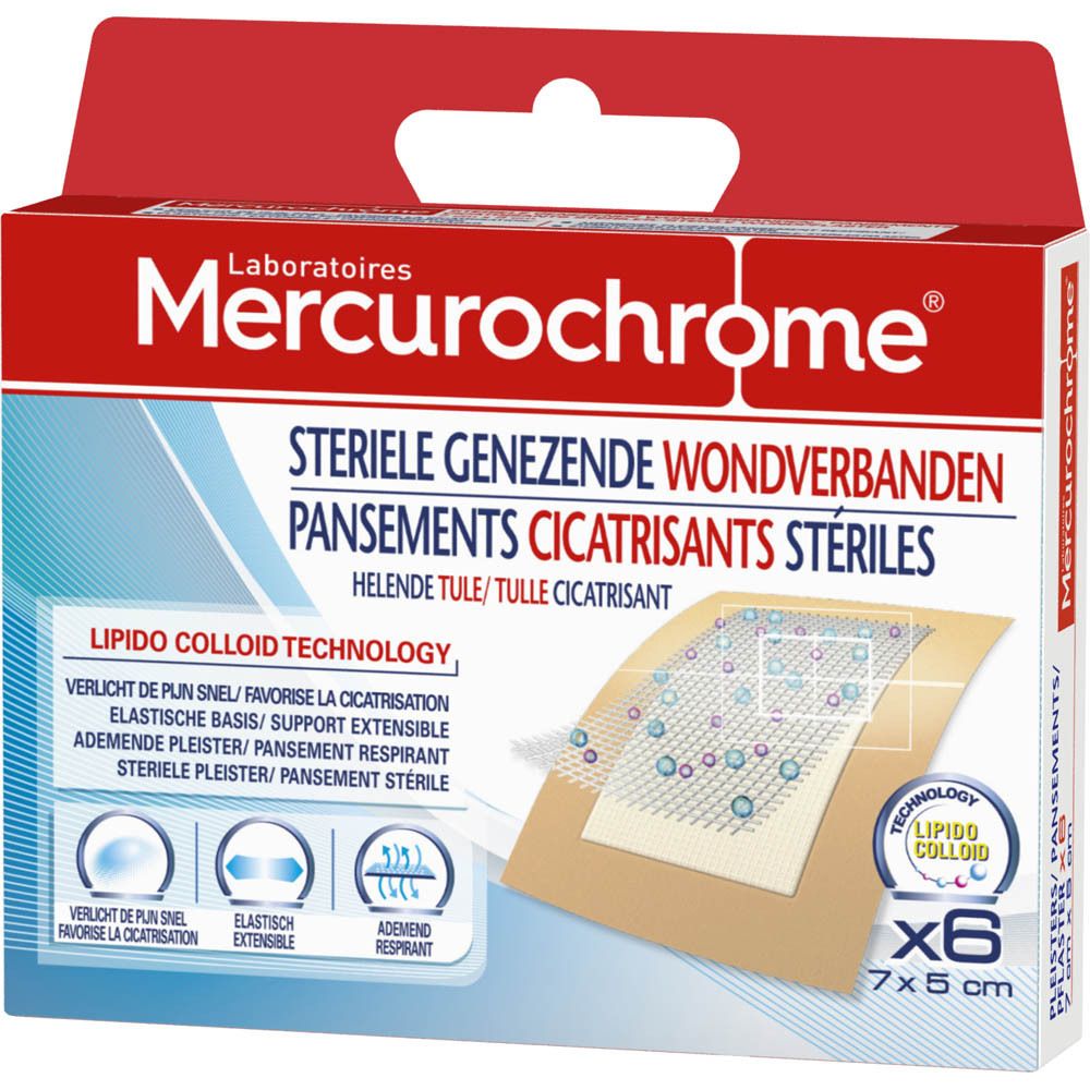 Verpakking met steriele wondverbanden. Opschrift: Mercurochrome, steriele wondverbanden. 6 stuks, 7x5 cm.