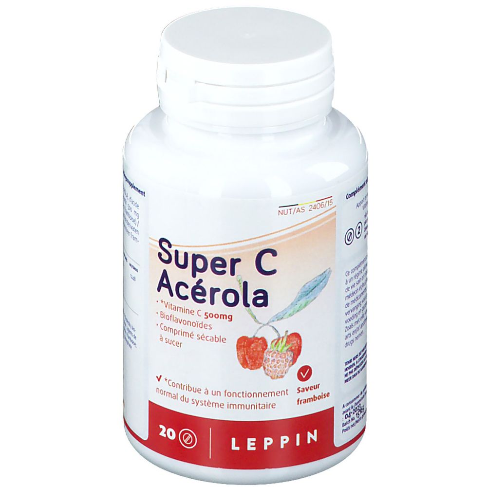Witte fles met "Super C Acerola"-etiket. Bevat 20 tabletten. Kersenillustratie. "Leppin"-logo.