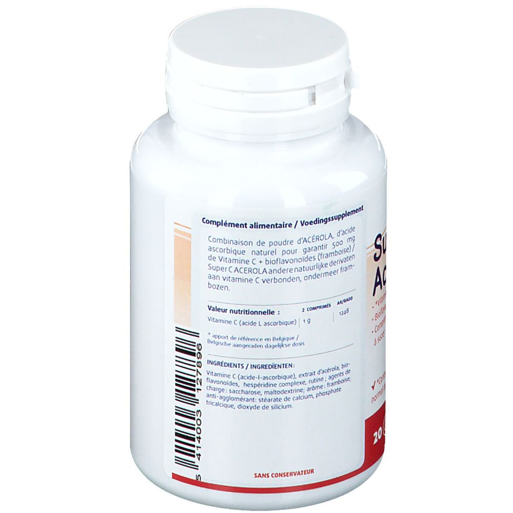 Achteraanzicht van een witte fles. Etiket met tekst en barcode. "Super C Acerola"-logo.