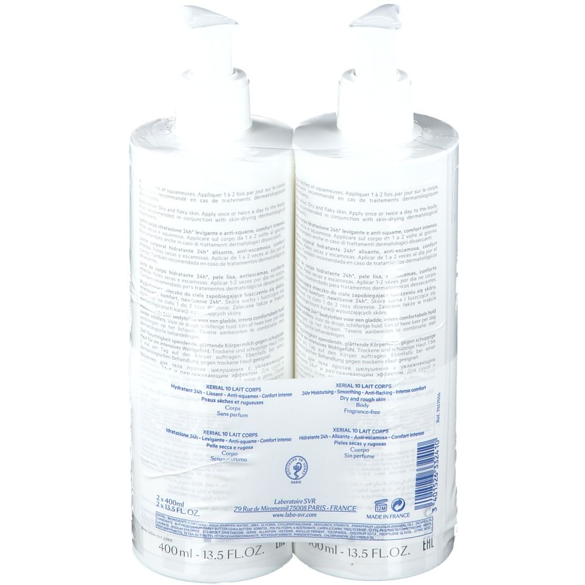 Twee witte flessen met pomp, verbonden door transparante folie. Productinformatie staat op de flessen.