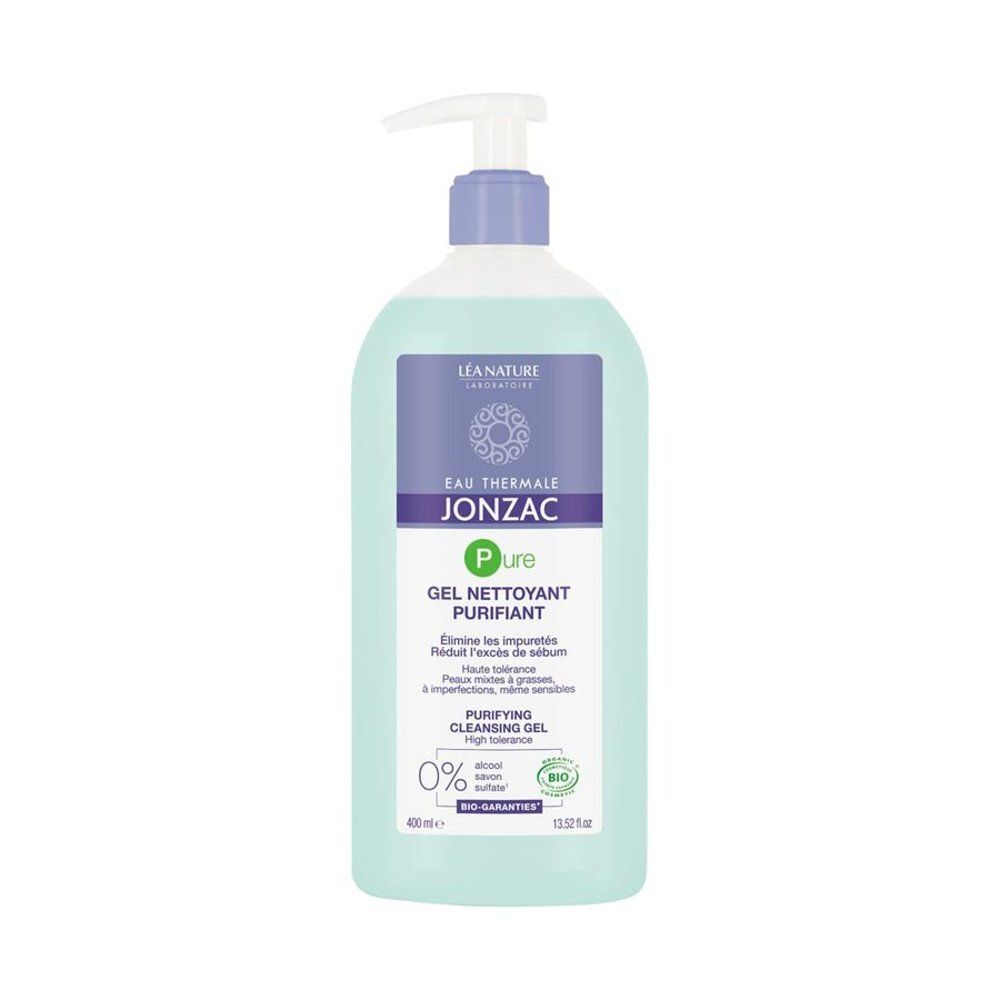 Fles met pomp, blauwgroene gel. Opschrift: Eau Thermale Jonzac, Gel nettoyant purifiant, 0%.