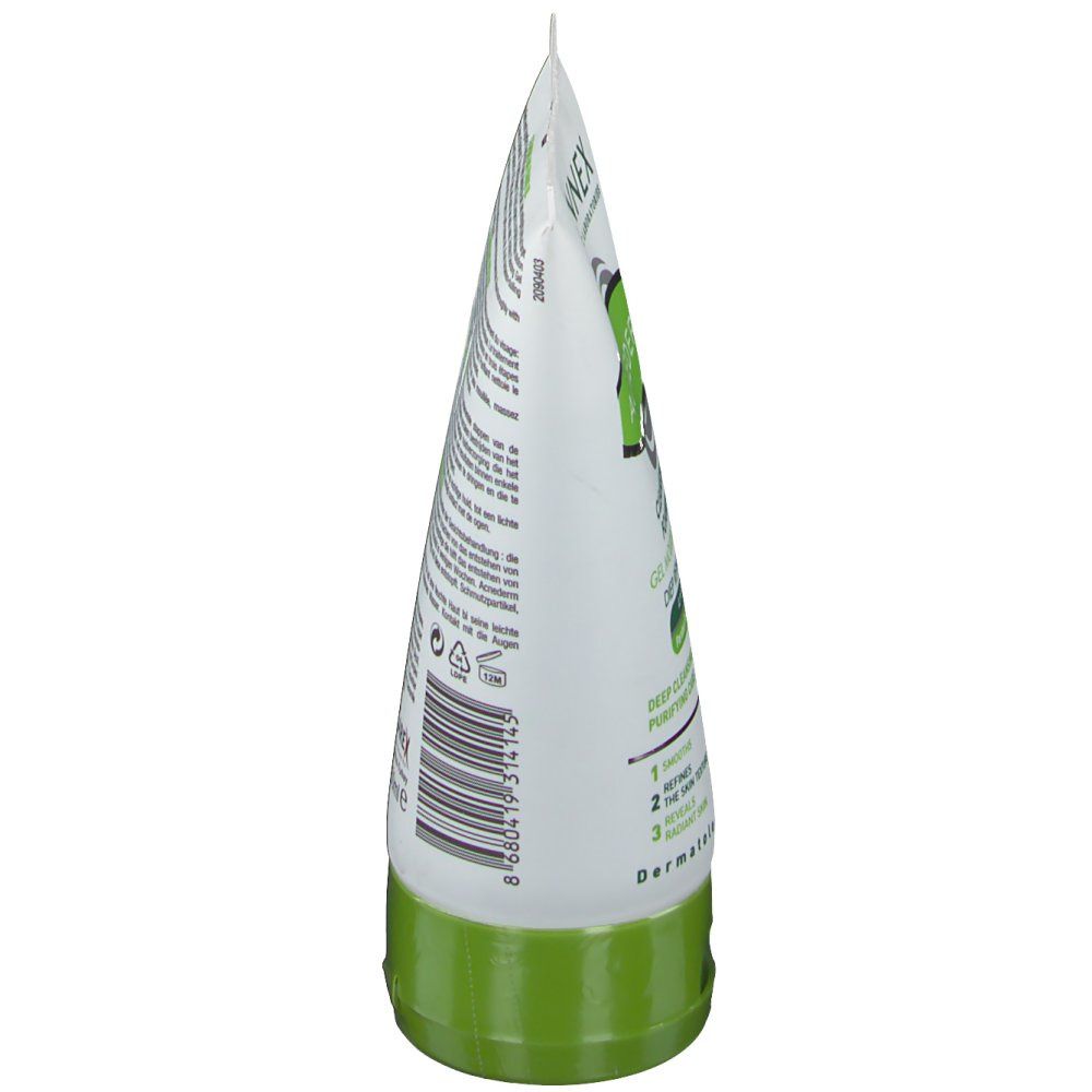 Zijaanzicht van de tube Bionnex Acnederm Cleans & Foam Gel. Wit, groen. Tekst: Cleansing and Foaming Gel. Streepjescode en andere informatie.