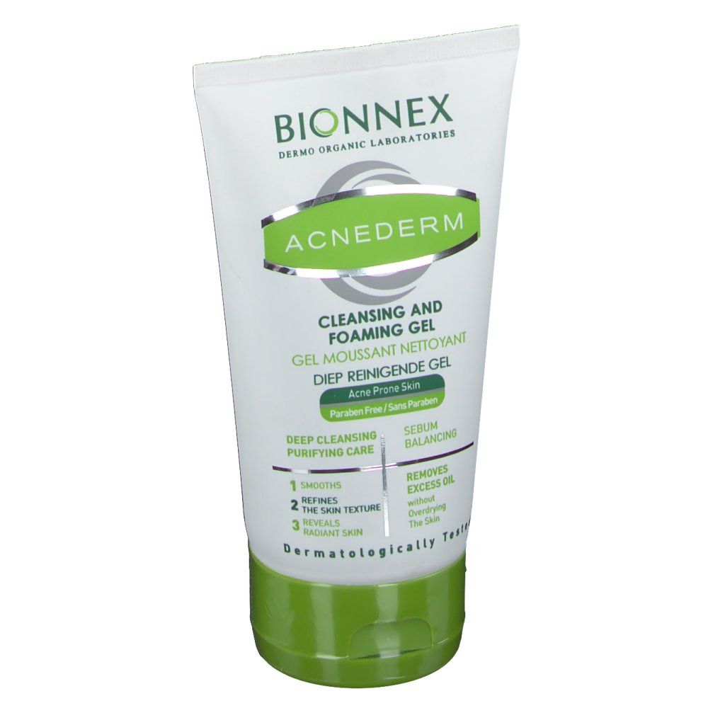 Tube Bionnex Acnederm Cleans & Foam Gel. Wit, groen en zilver. Tekst: Acnederm, Cleansing and Foaming Gel, voor acnegevoelige huid. Dermatologisch getest.