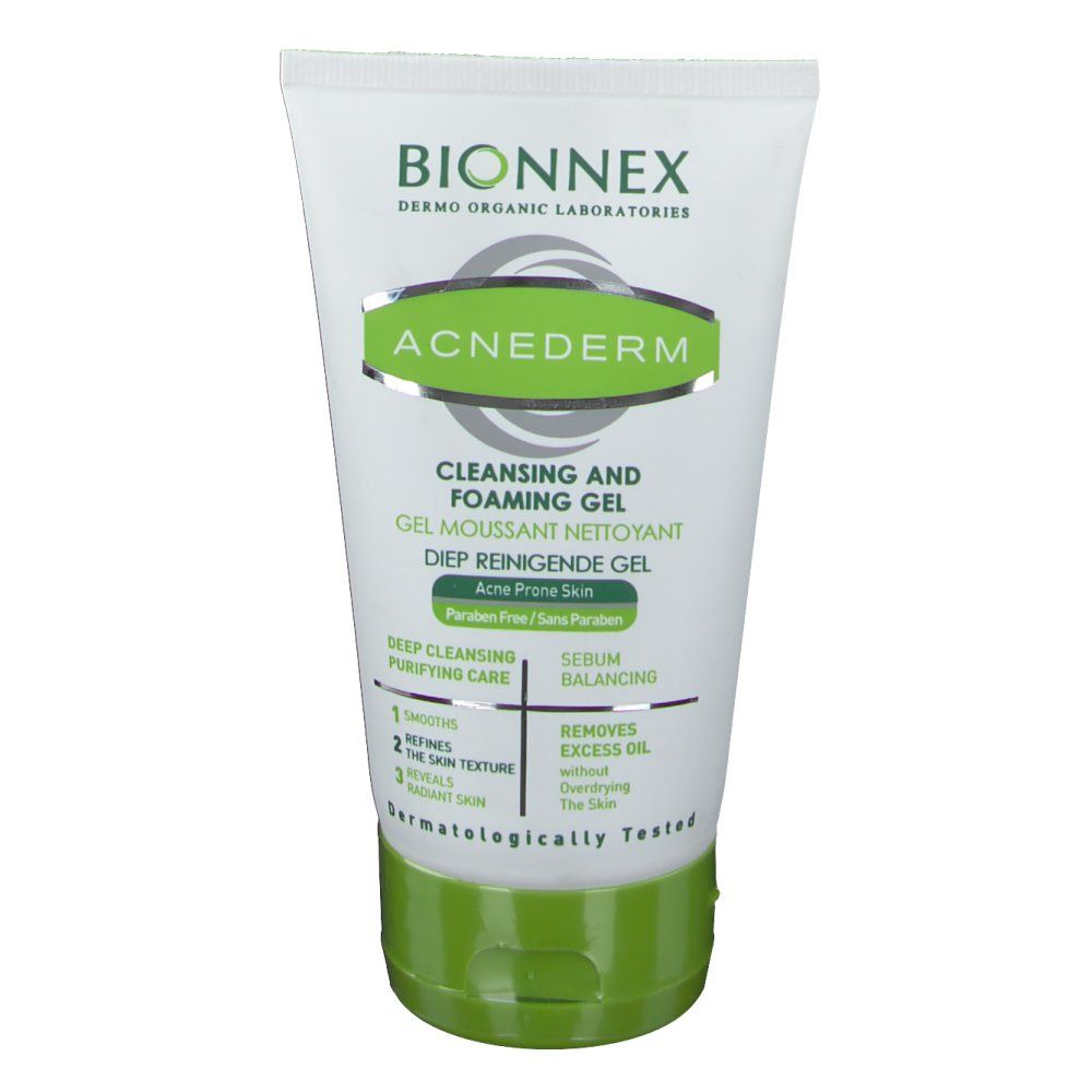 Tube Bionnex Acnederm Cleans & Foam Gel. Wit, groen en zilver. Tekst: Acnederm, Cleansing and Foaming Gel, voor acnegevoelige huid. Dermatologisch getest.