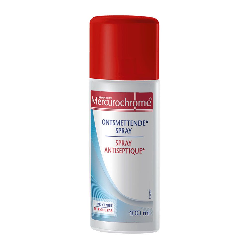 Fles Mercurochrome Spray Antiseptique met rode dop. Heldere vloeistof, 100 ml.
