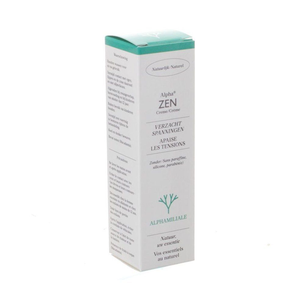 Boîte blanche, dessus vert. Inscription: Alpha Zen Crème, apaise les tensions. Marque: Alphamiliale.