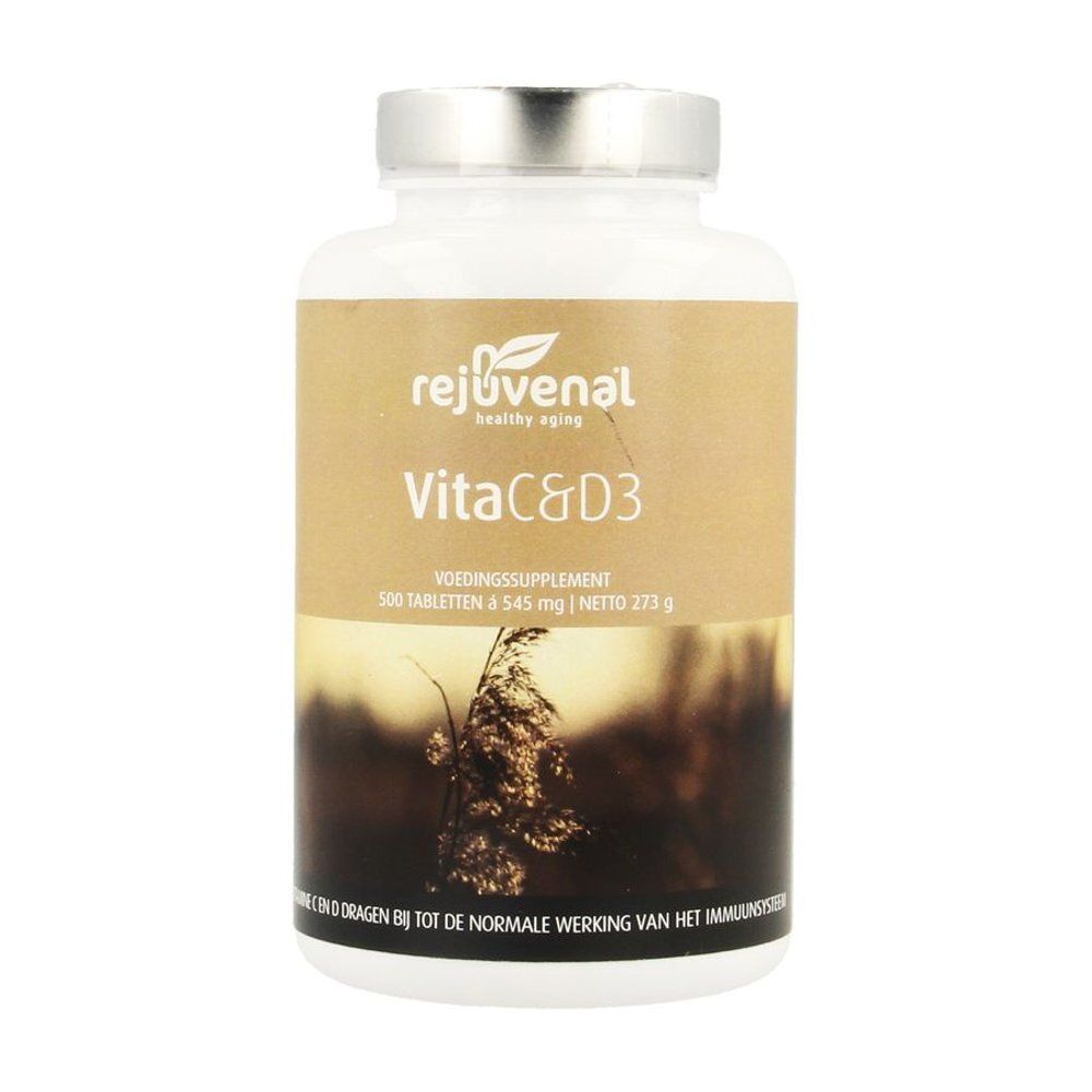 Witte fles met opschrift Vita C & D3. Op het etiket staat 'Rejuvenal' en 'healthy aging'.