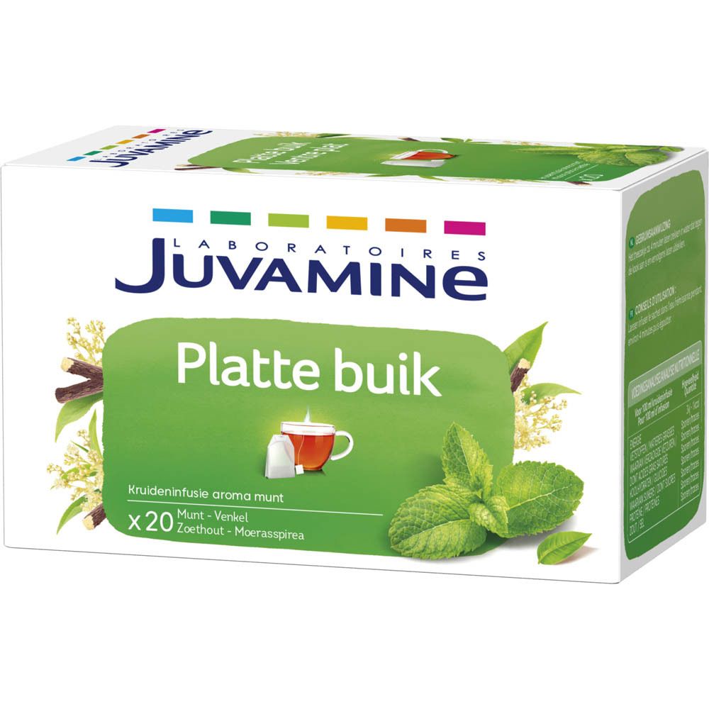 Juvamine Platte buik thee verpakking. Witte doos met groen veld, kruidenillustratie en productnaam. 20 zakjes.