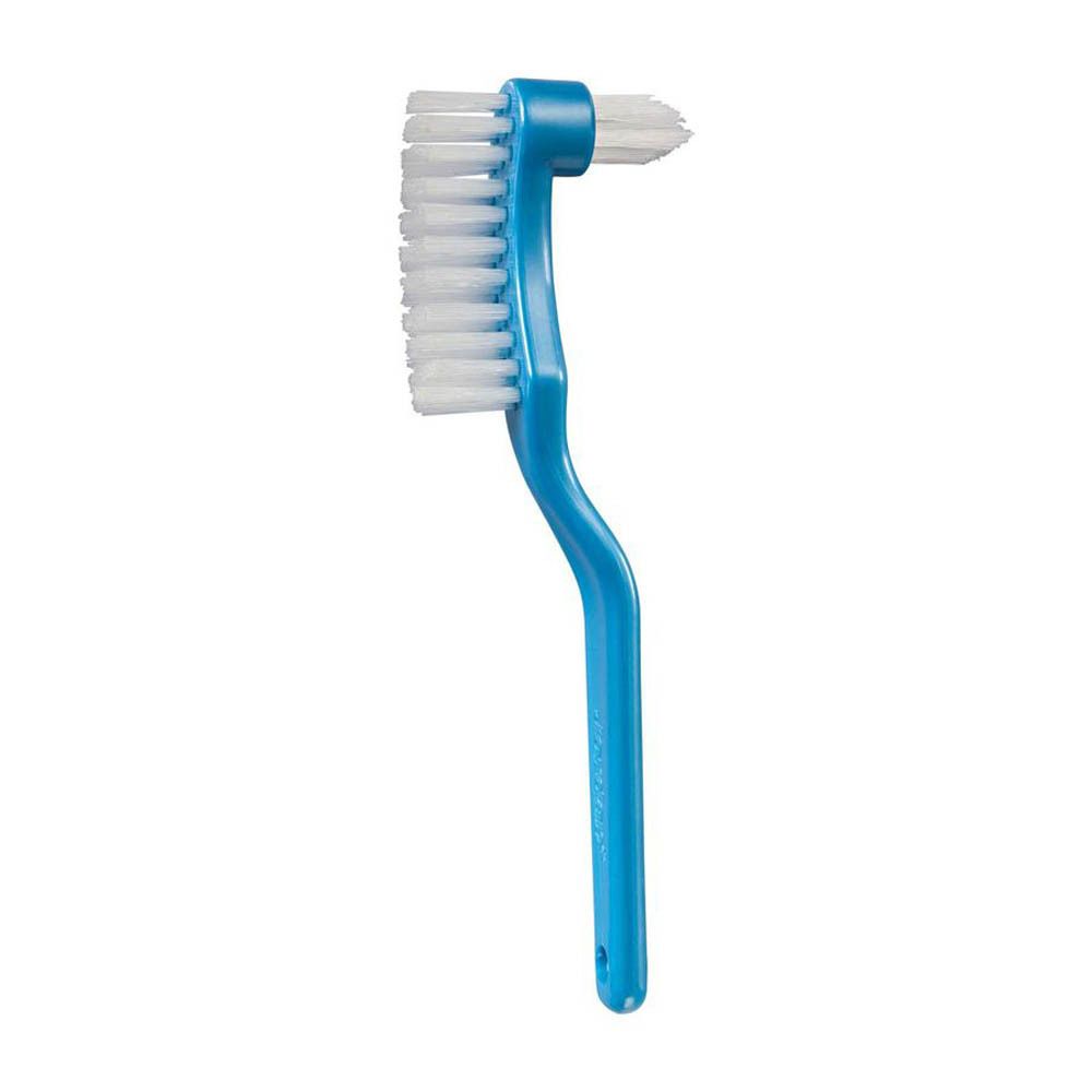 Brosse à dents bleue pour prothèses. Deux têtes de brosse avec soies blanches. Forme incurvée.