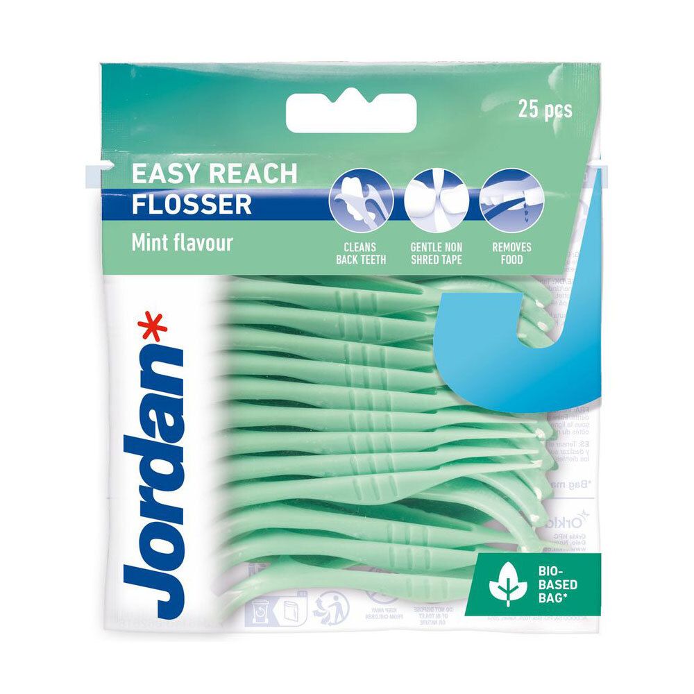 Verpakking met flossers. Groene flossers in een transparante zak. Opschrift: Easy Reach Flosser, 25 stuks, Cool Mint.