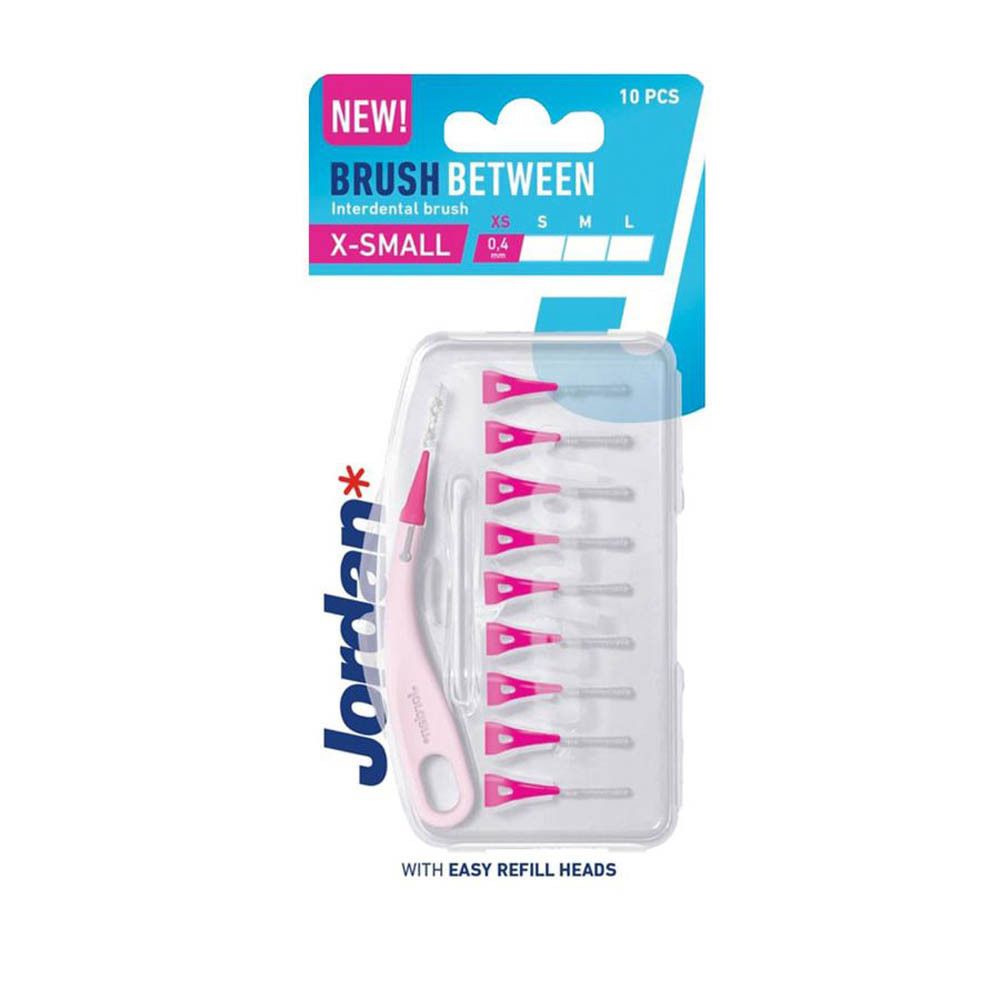Jordan interdentale borstel, maat S (0,4 mm). Roze handvat met roze borstelkop. Enkele borstel.
