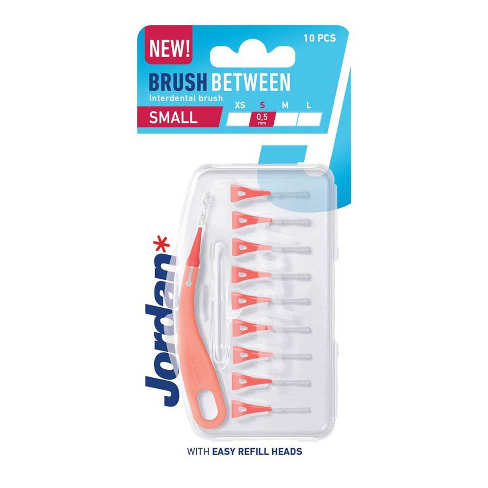 Interdentale borstel met rode handgreep en borstelharen. Maat S (0,5 mm). Merk Jordan. In transparante verpakking.