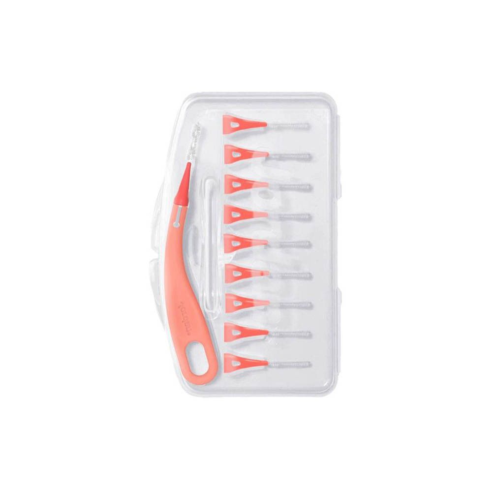 Verpakking met interdentale borstels. Rode handgreep, transparante verpakking. Maat S (0,5 mm). Merk Jordan.