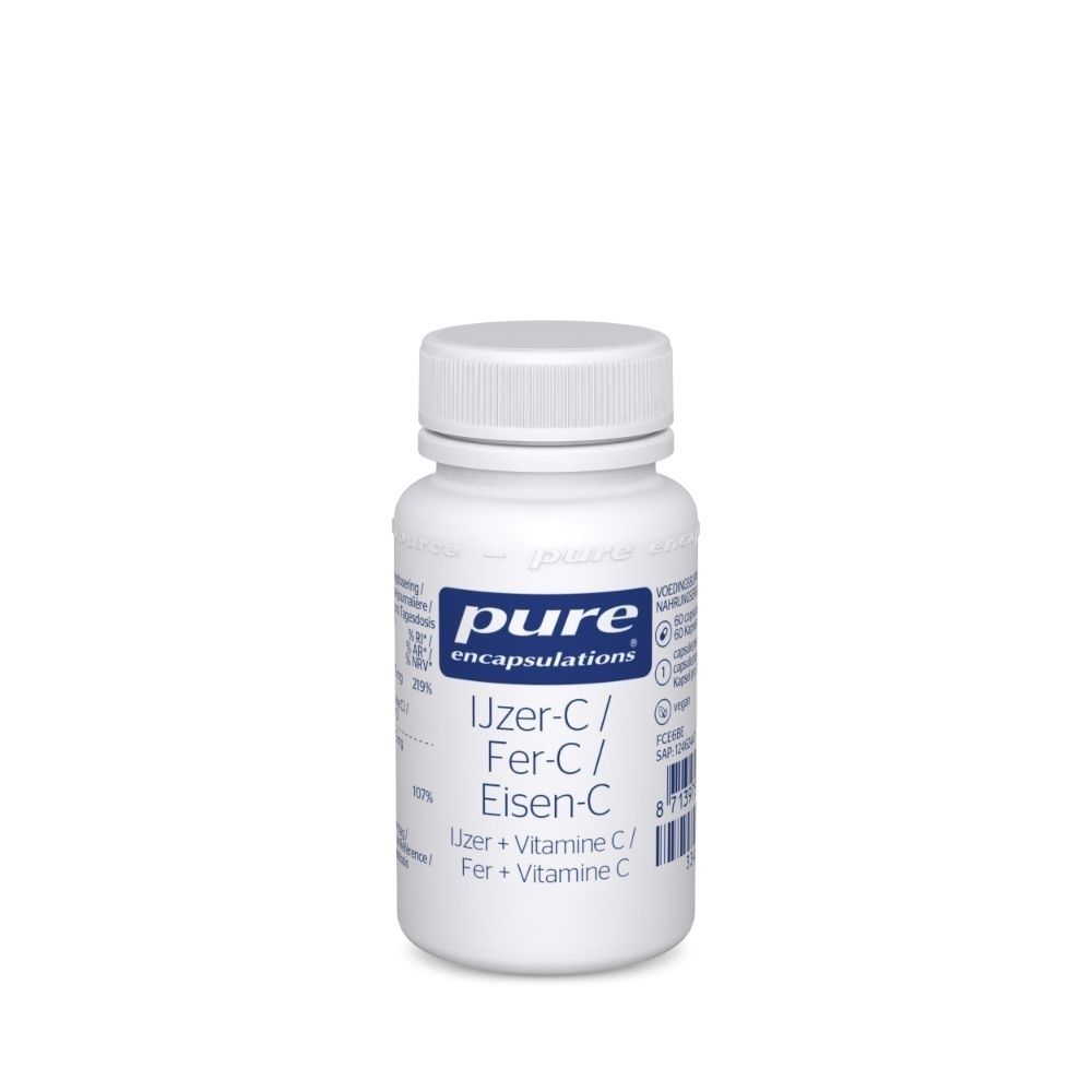 Witte fles met blauw etiket. Opschrift: pure encapsulations, Ijzer-C/Fer-C/Eisen-C.