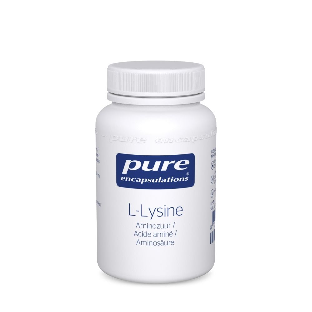 Flacon blanc avec étiquette bleue. Inscription: pure encapsulations® L-Lysine. Acide aminé.