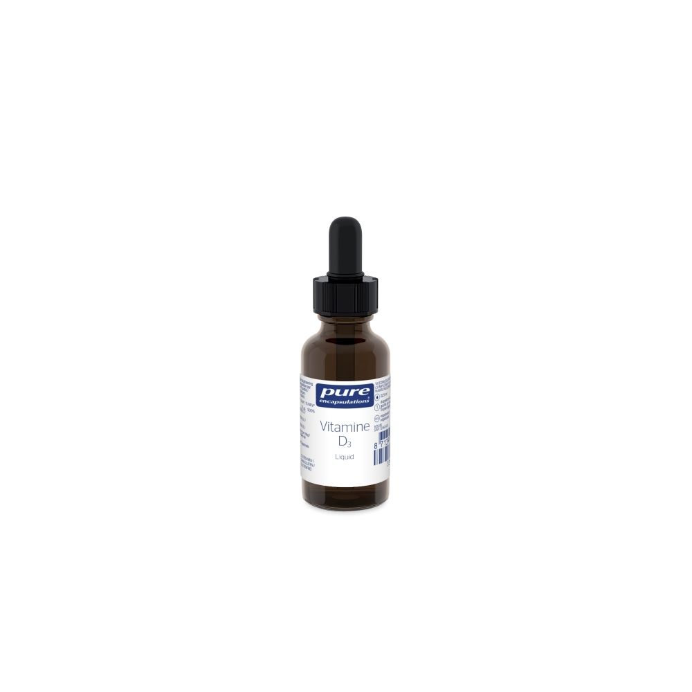 Flacon en verre brun avec compte-gouttes noir. Étiquette avec informations produit et texte "Vitamine D3 Liquid".