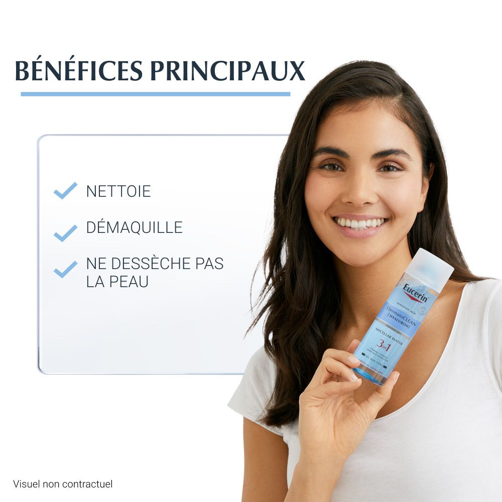 Femme tenant Eucerin DermatoCLEAN. Flacon 3 en 1. Inscription: Nettoie, démaquille, ne dessèche pas la peau. Texte: Bénéfices principaux.